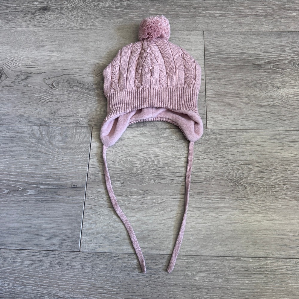 H&M Kids Pink Cable Knit Fleece Lined‎ Earflap Beanie Pom Hat 9-12 M